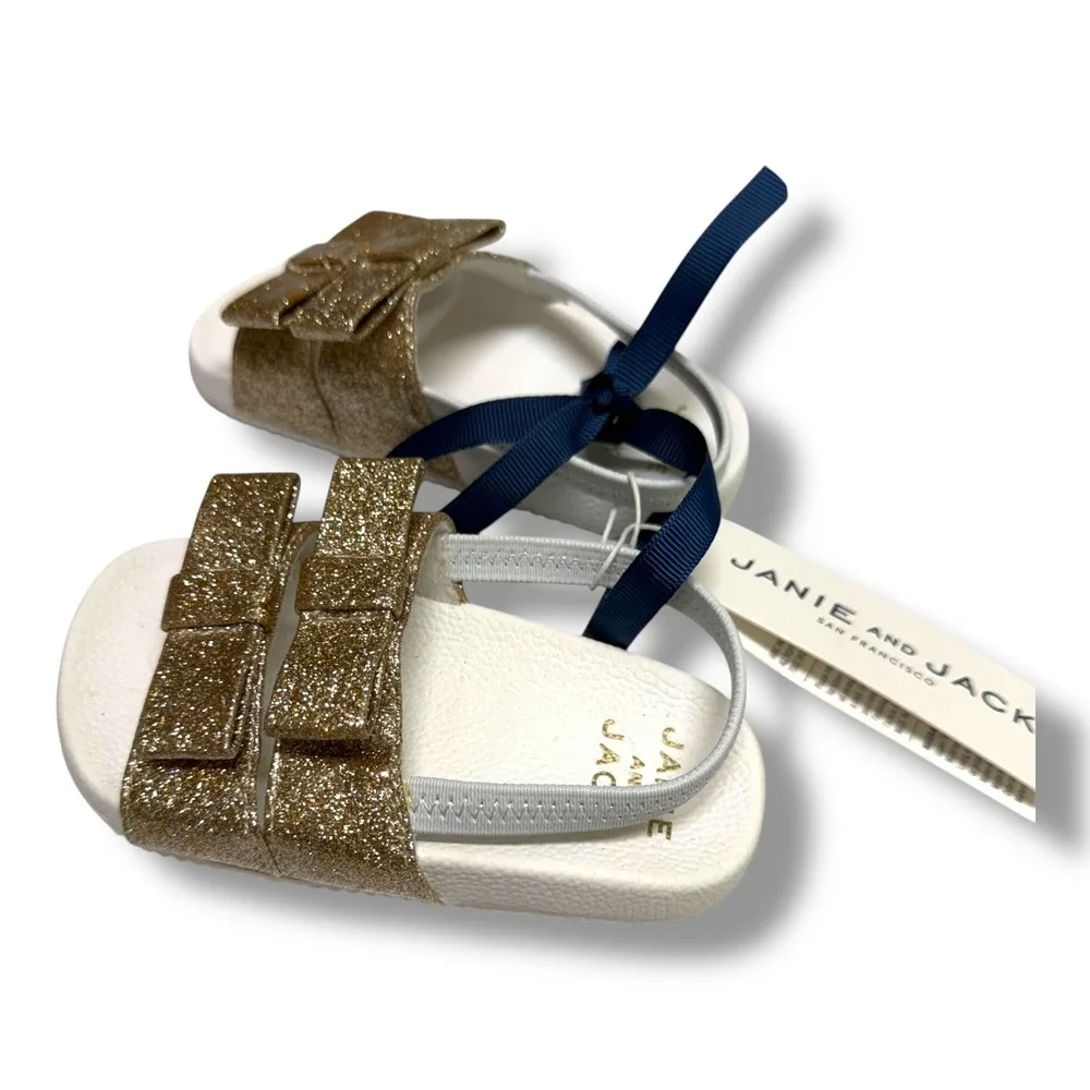 Janie and Jack Girls Gold Glitter Pool Double Bow Slide Sandals Elastic‎ Strap 5